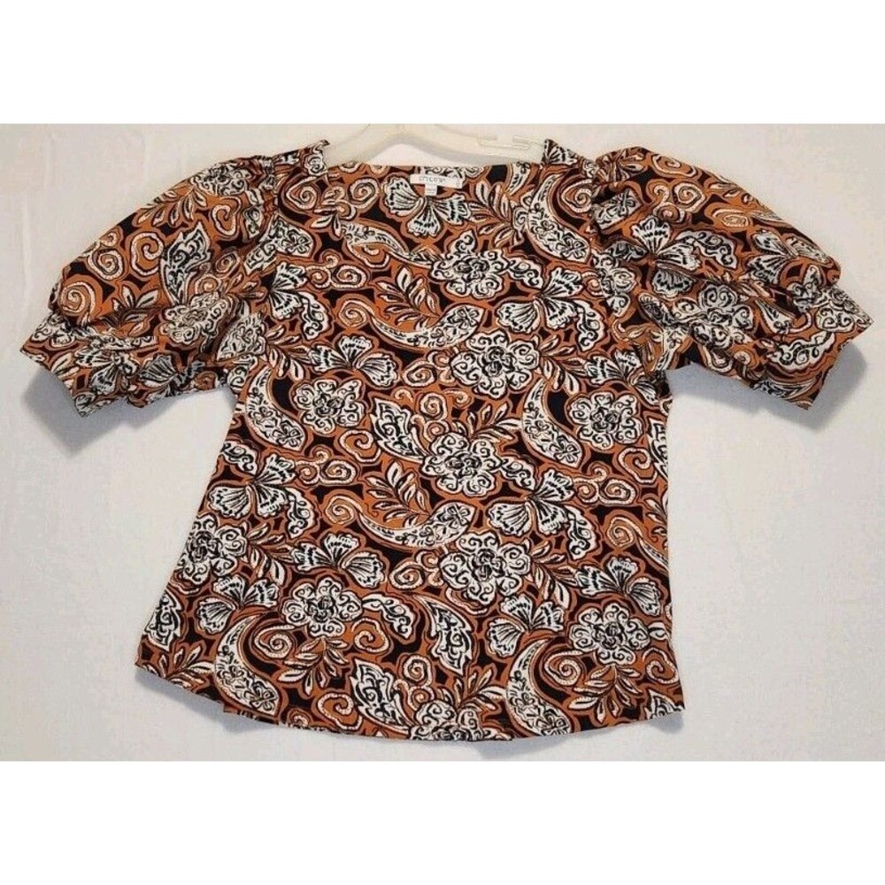 Chicos Size 3 XL Puff Short Sleeve Top Paisley Floral Navy Brown Casual Basic - Picture 12 of 12